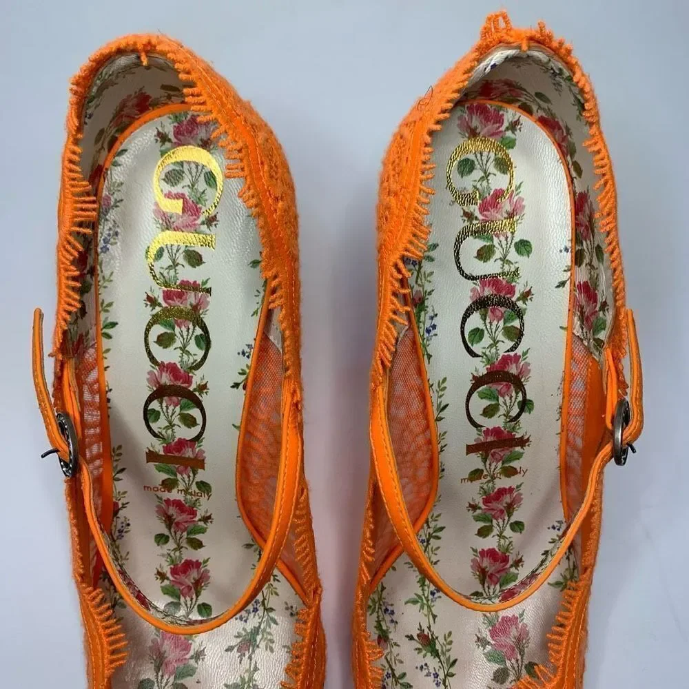 Gucci Virginia Lace Pumps Neon Orange EU 40 US 10 Mary Jane Lace Heels - Picture 2 of 11
